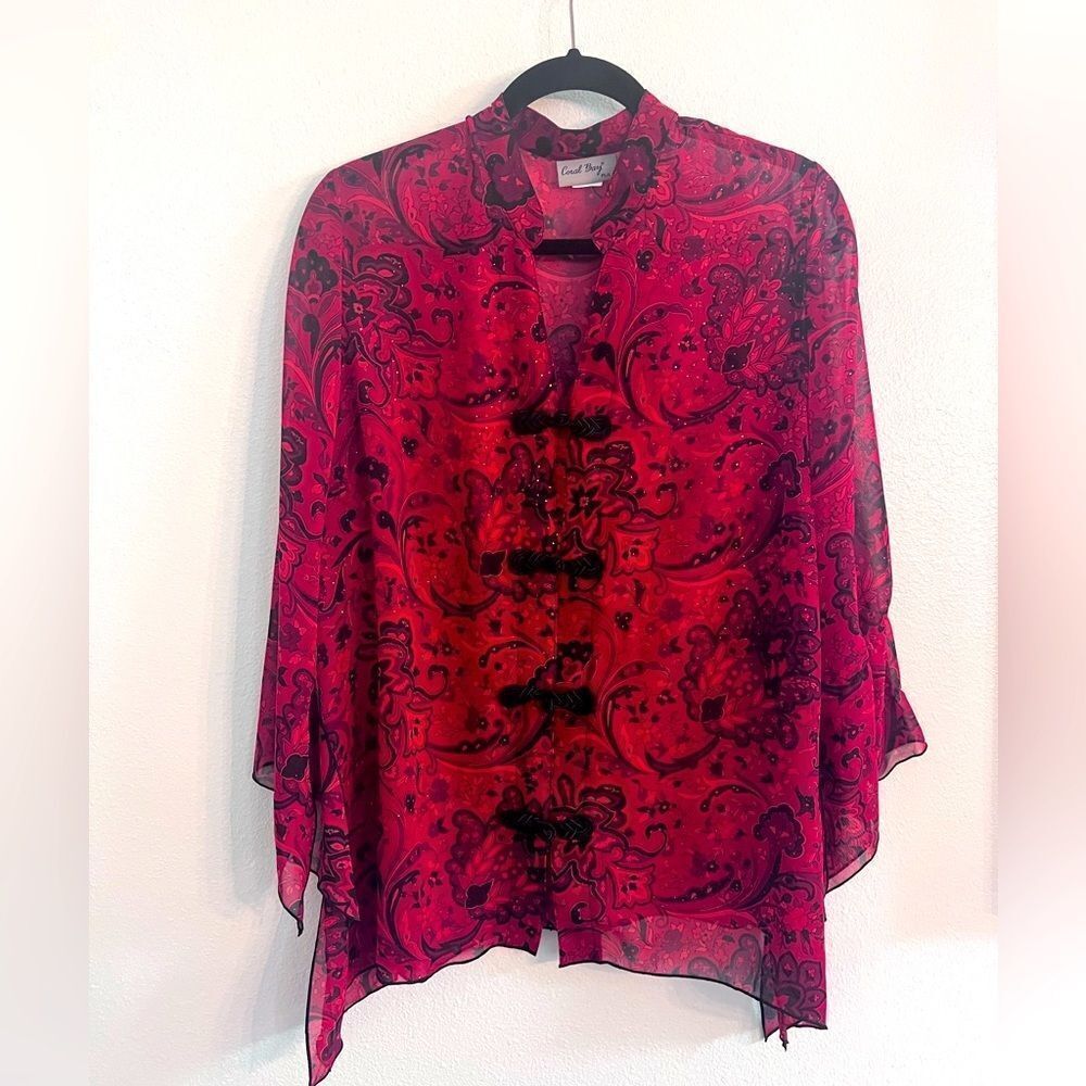 CORAL Bay Sheer Shimmer Red Kimono Top